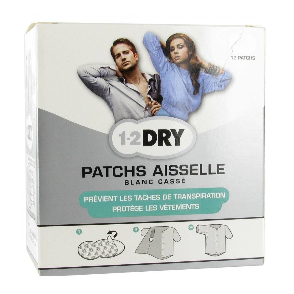 Boîte de patchs axillaires 1-2DRY. Inscription : PATCHS AISSELLE, BLANC CASSE. Contient 12 patchs. Illustration d'un homme et d'une femme.