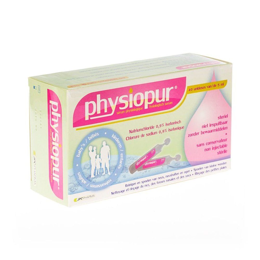 Boîte de Physiopur avec texte et illustration. Contient des ampoules. Texte : Chlorure de sodium 0,9% isotonique.