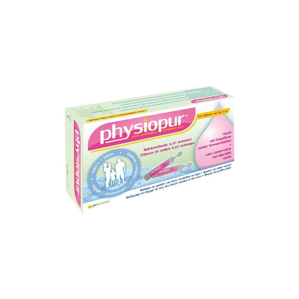 Boîte de Physiopur avec texte et illustration. Contient des ampoules. Texte : Chlorure de sodium 0,9% isotonique.