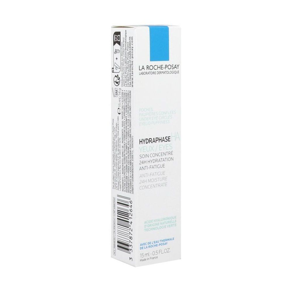 Productverpakking. Tekst: La Roche-Posay, Hydraphase Ogen, 24H Hydratatie, Anti-vermoeidheid, 24H Moisture, 15ml/0.5FL.OZ.