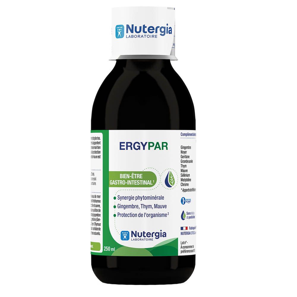 Bruine fles met witte dop. Opschrift ERGYPAR, Bien-être gastro-intestinal. Merk Nutergia. 250 ml.