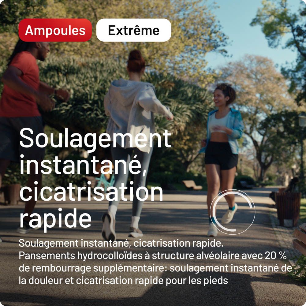 Trois personnes courent dans un parc. Texte: Soulagement instantané, cicatrisation rapide. Compeed®