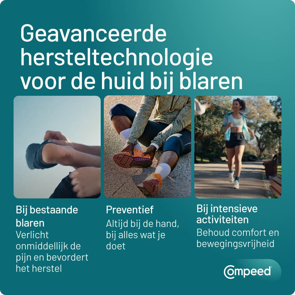 Drie afbeeldingen: voeten met blaren, persoon zit, persoon rent. Tekst: Geavanceerde hersteltechnologie.