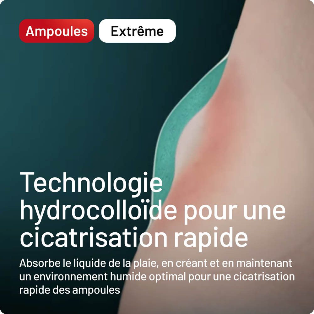 Gros plan d'un pied avec ampoule. Texte: Technologie hydrocolloïde pour une cicatrisation rapide.