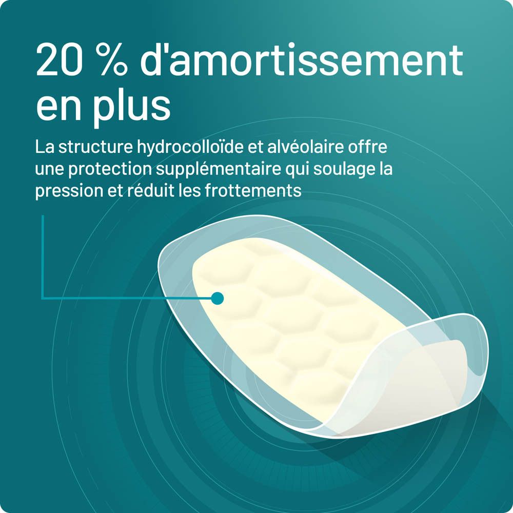 Gros plan d'un pansement. Texte: 20 % d'amortissement en plus. Structure en nid d'abeille.