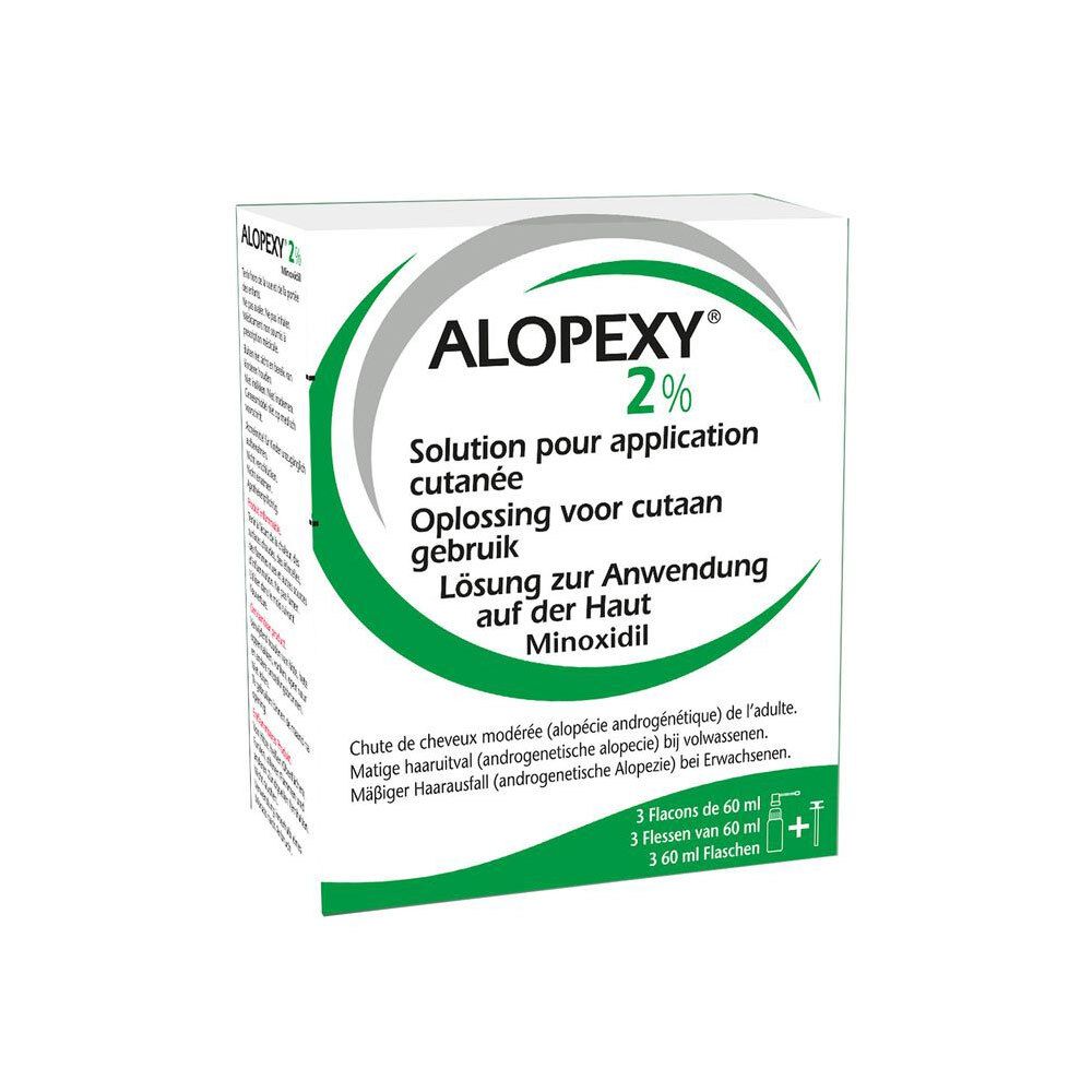 Boîte ALOPEXY 2%. Solution cutanée. Texte sur l'emballage.