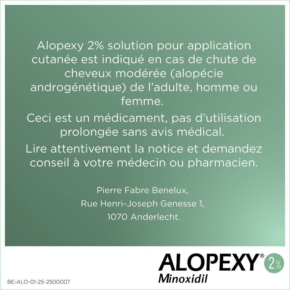 Boîte ALOPEXY 2%. Solution cutanée. Texte sur l'emballage.