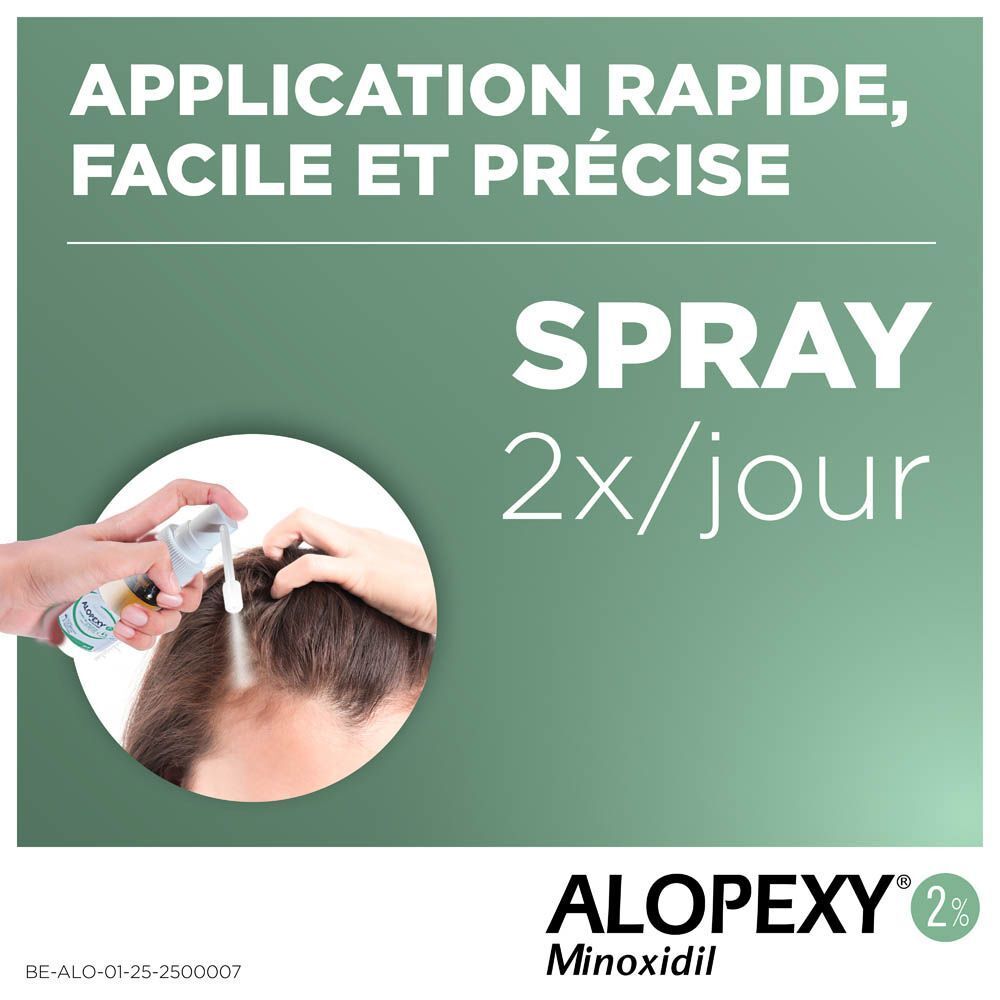 Boîte ALOPEXY 2%. Solution cutanée. Texte sur l'emballage.
