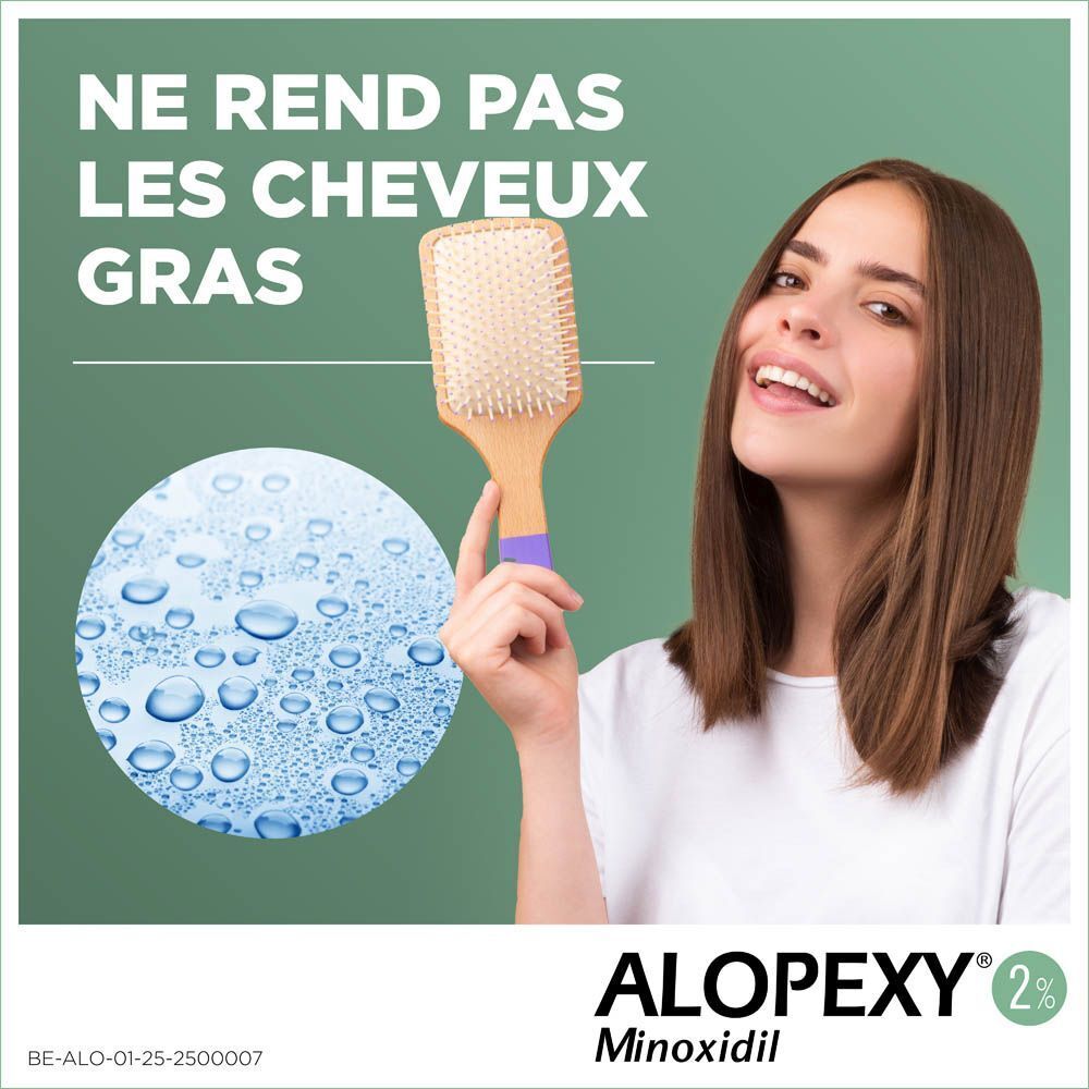 Boîte ALOPEXY 2%. Solution cutanée. Texte sur l'emballage.