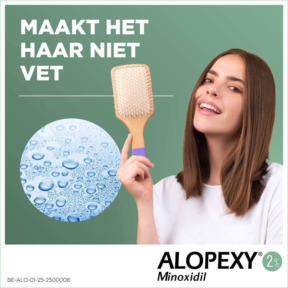 ALOPEXY 2% verpakking. Oplossing voor cutaan gebruik. Tekst op de verpakking.