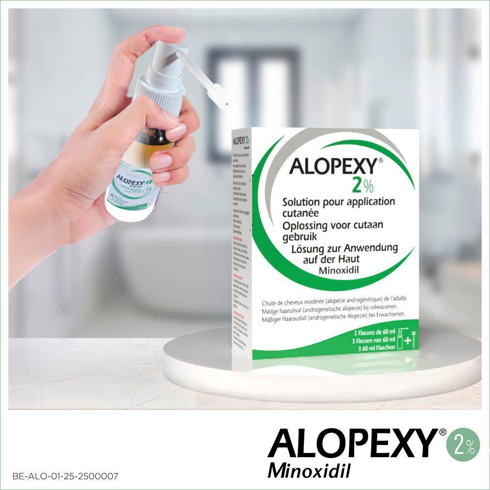 Boîte ALOPEXY 2%. Solution cutanée. Texte sur l'emballage.