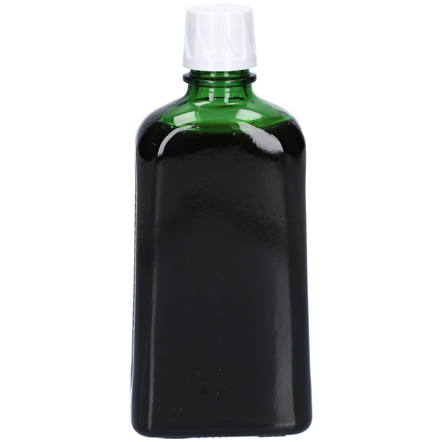 Groene glazen fles met witte dop. Product zonder etiket. Vloeistof donkergroen.