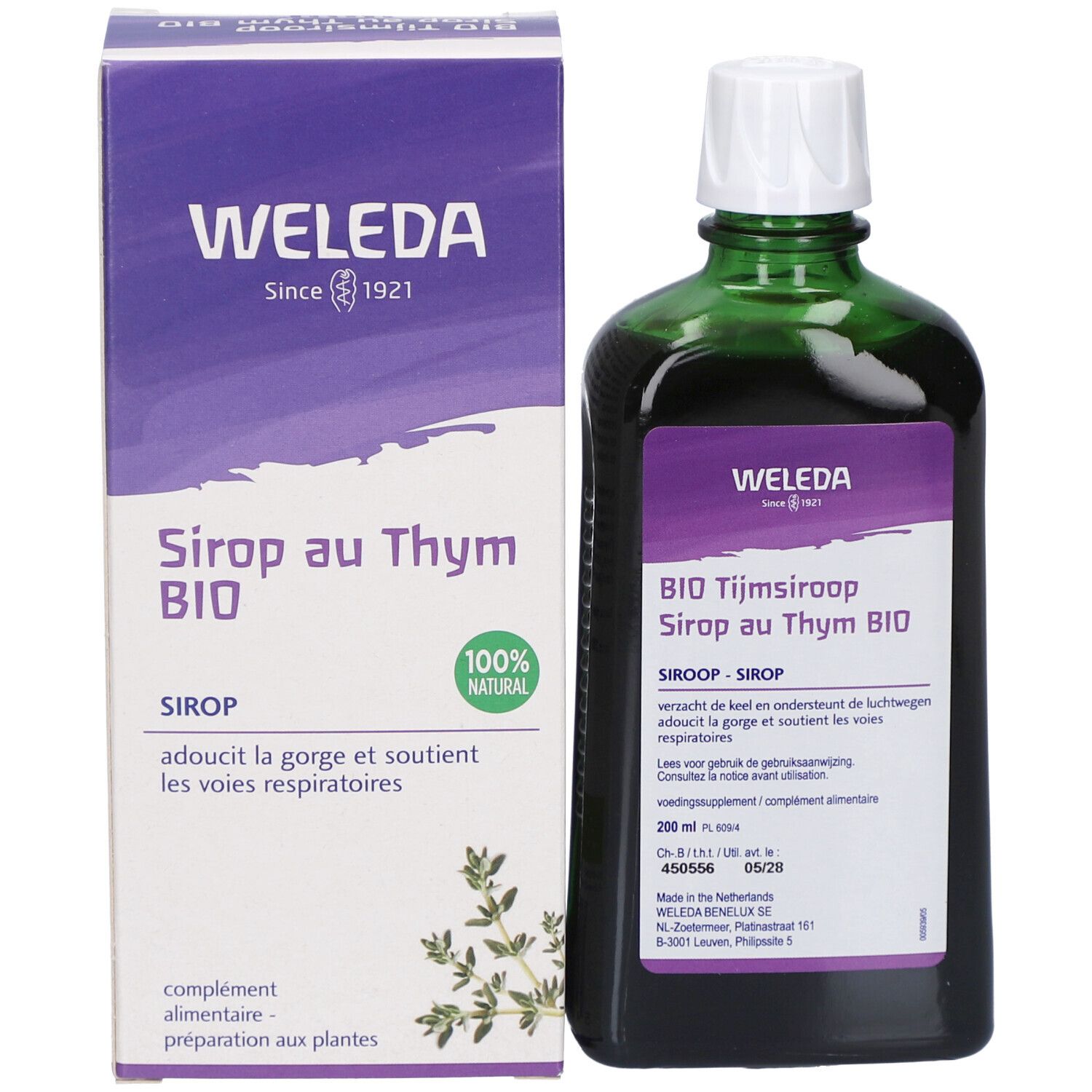 Productverpakking: fles en doos. Fles: groen, witte dop. Doos: wit, paars etiket. Merk: Weleda. Productnaam: BIO Tijmsiroop.