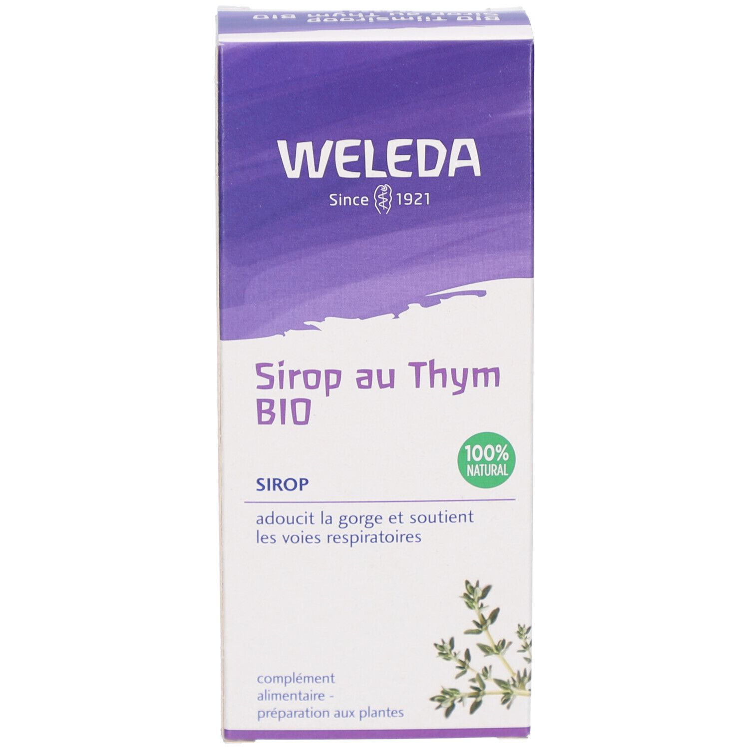 Kartonnen verpakking. Wit met paars etiket. Productnaam: BIO Tijmsiroop. Merk: Weleda. Logo: 100% natuurlijk. Afbeelding van tijm.