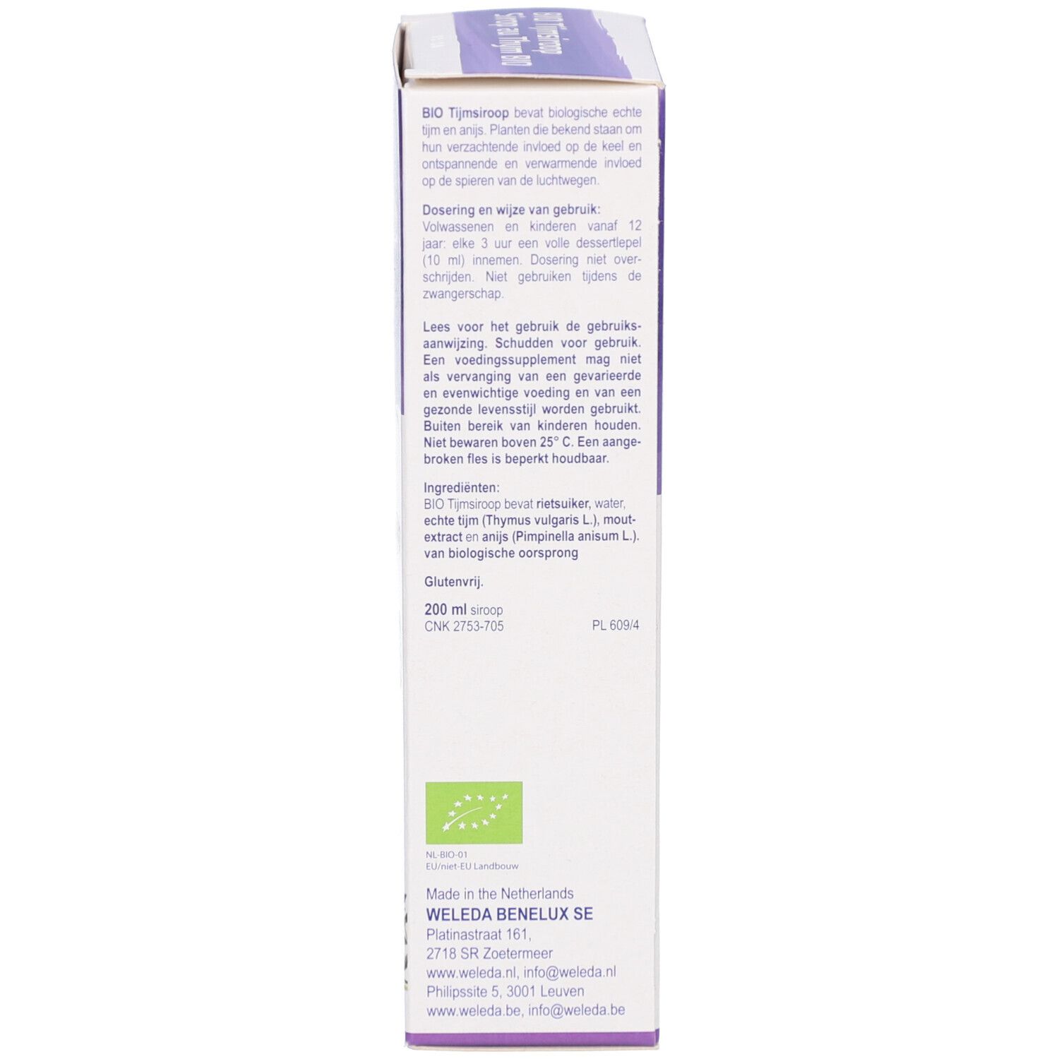 Achterkant van de kartonnen verpakking. Tekst in meerdere talen. Ingrediëntenlijst, dosering, fabrikantinformatie. Logo: bio-certificering.