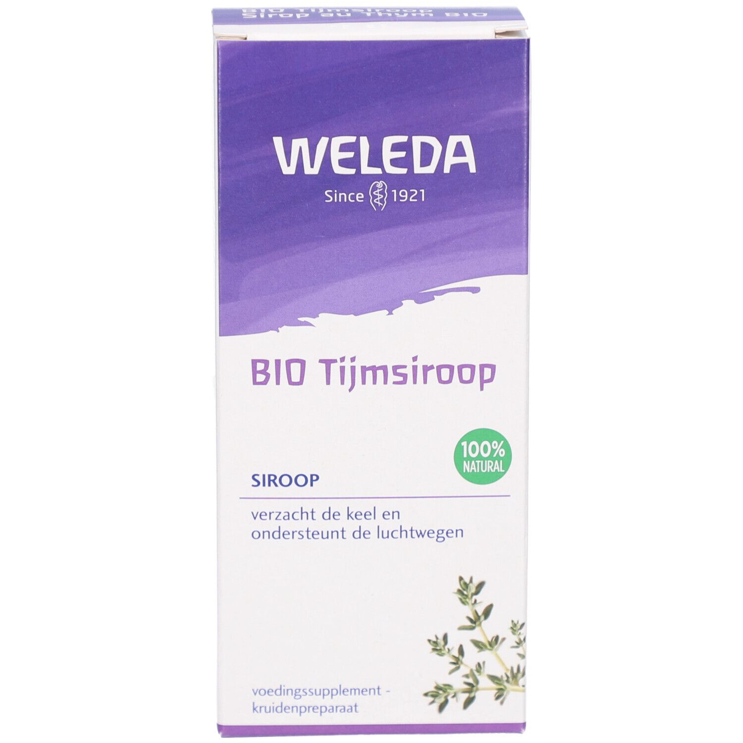 Voorkant van de kartonnen verpakking. Productnaam: BIO Tijmsiroop. Merk: Weleda. Logo: 100% natuurlijk. Afbeelding van tijm.
