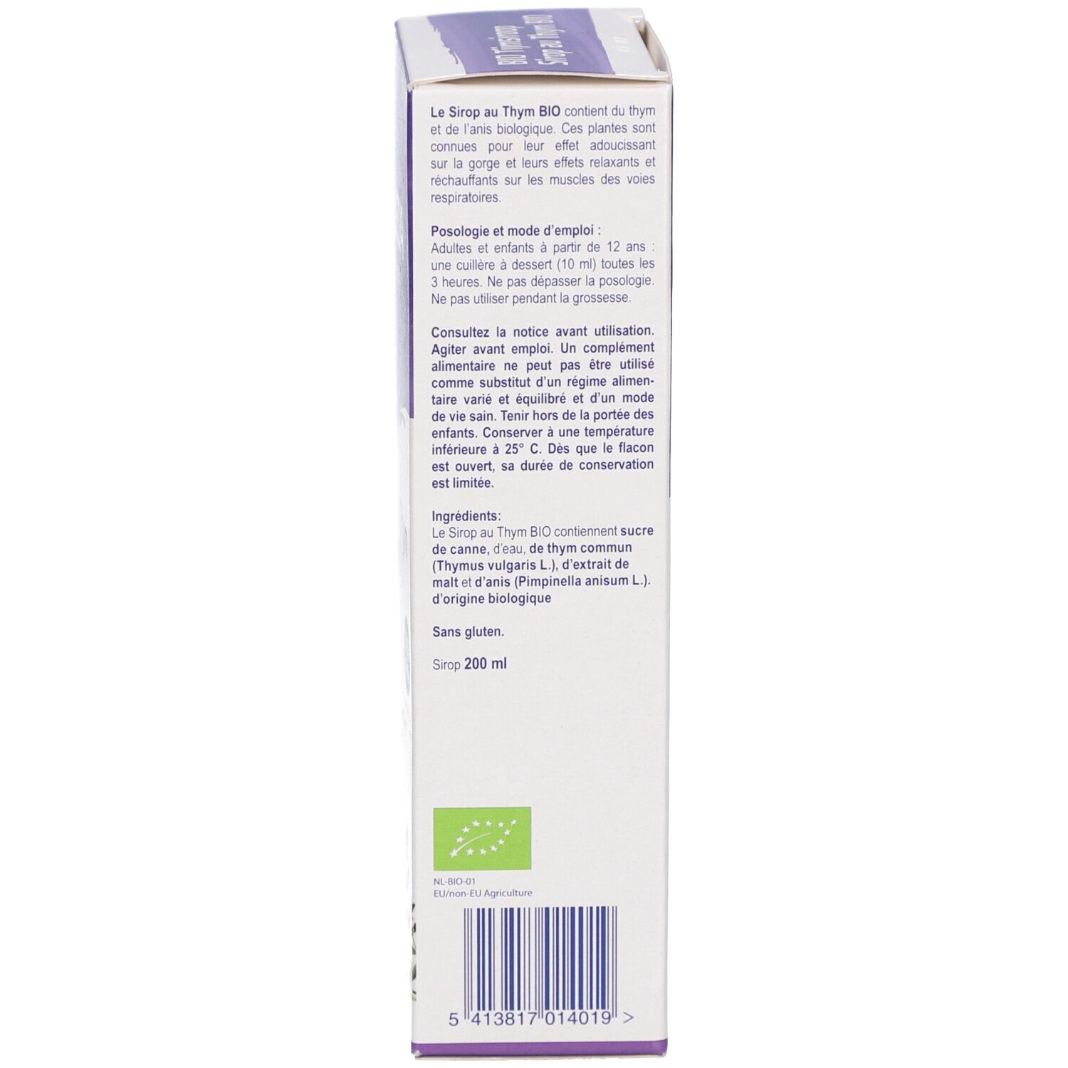 Achterkant van de kartonnen verpakking. Tekst in meerdere talen. Ingrediëntenlijst, dosering, fabrikantinformatie. Logo: bio-certificering.