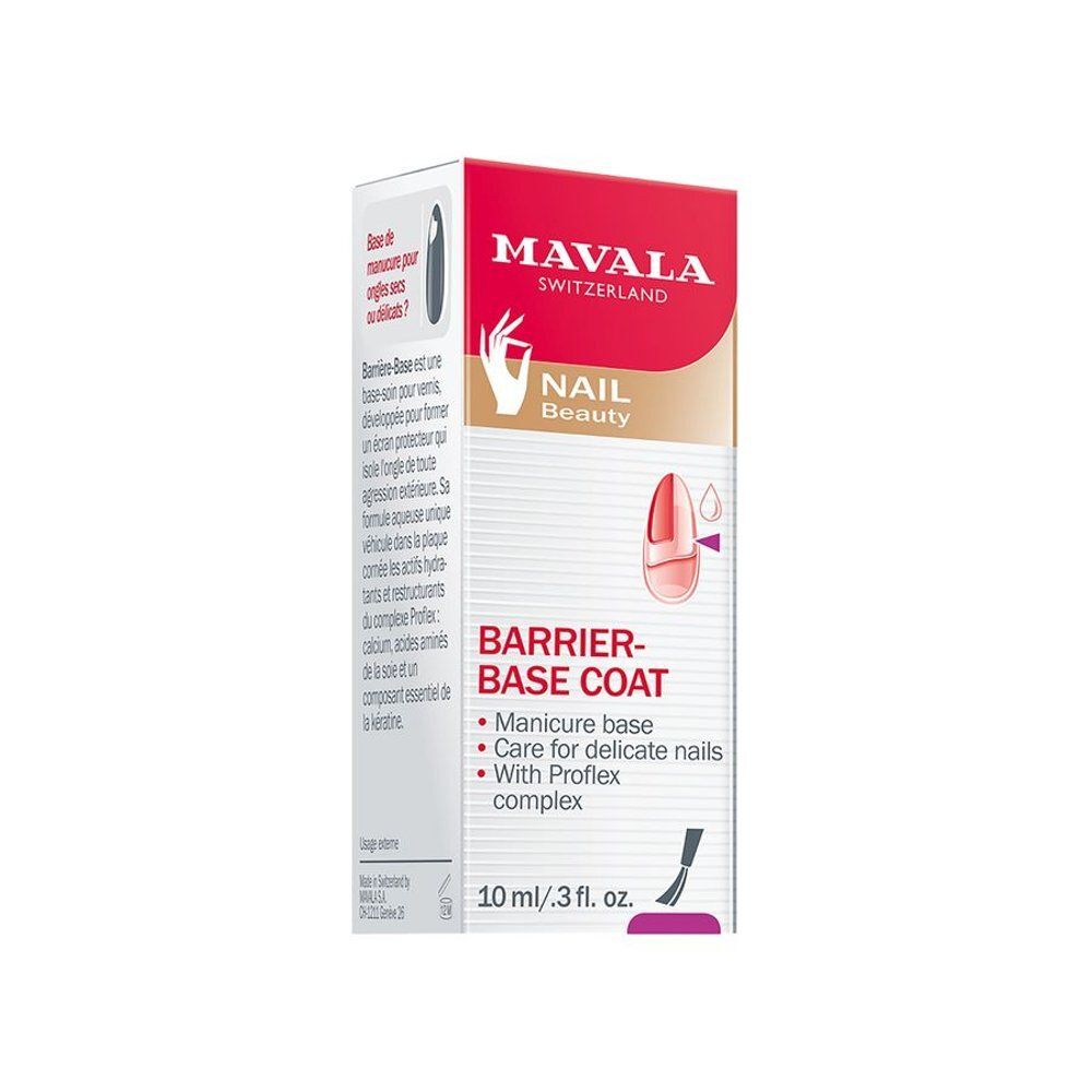 Emballage de produit de soin des ongles. Inscription: MAVALA, Barrière-Base Coat, 10 ml.