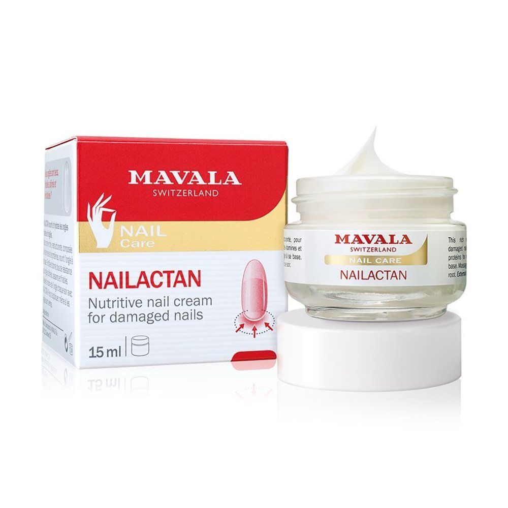 Crème Nailactan Mavala, pot en verre et boîte. Inscription : Nail Care, Nailactan, crème nutritive pour ongles abîmés.