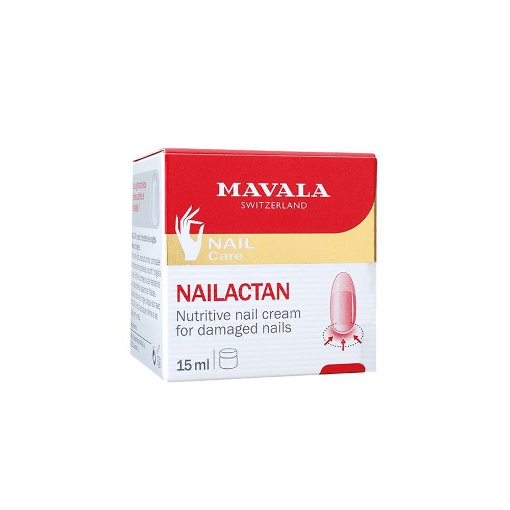 Doos Mavala Nailactan. Opschrift: Nail Care, Nailactan, voedende nagelcrème voor beschadigde nagels. 15 ml.