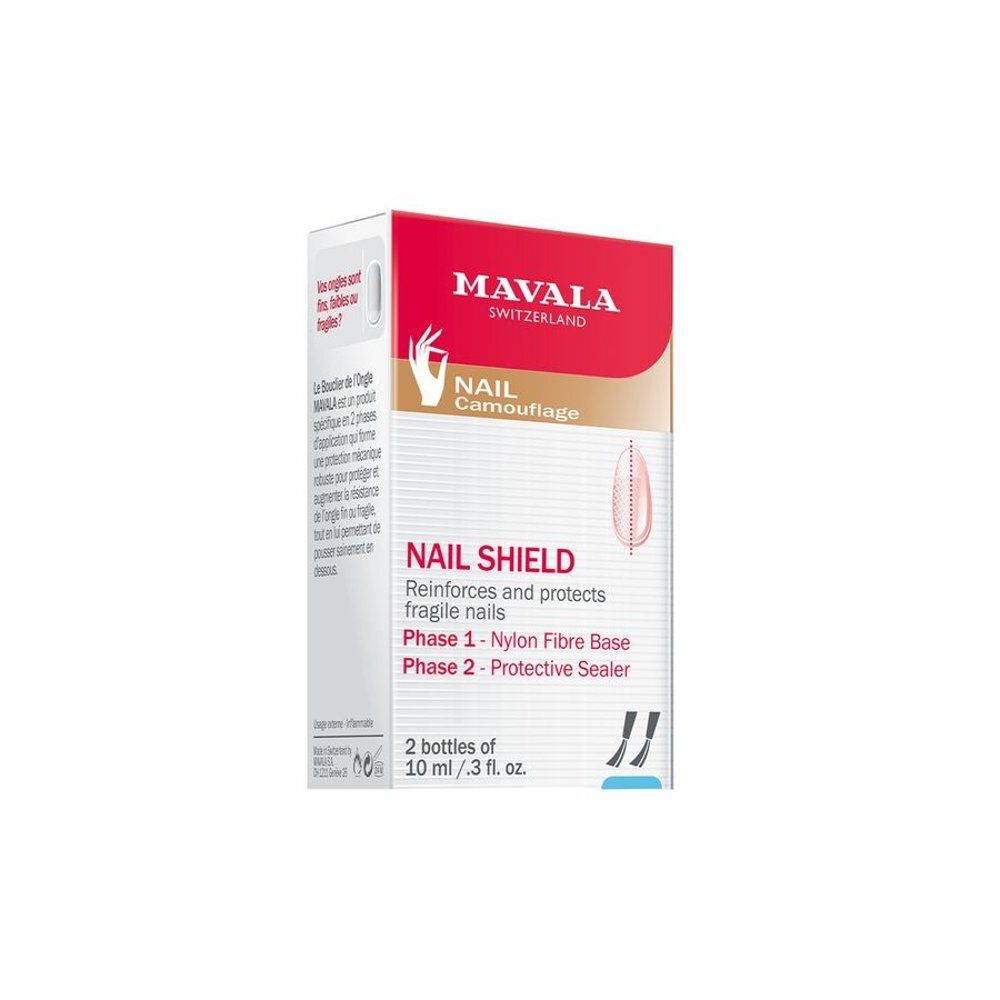 Emballage carton avec deux flacons de vernis à ongles. Inscription: MAVALA, Nail Shield, Phase 1, Phase 2, 2 flacons de 10 ml.
