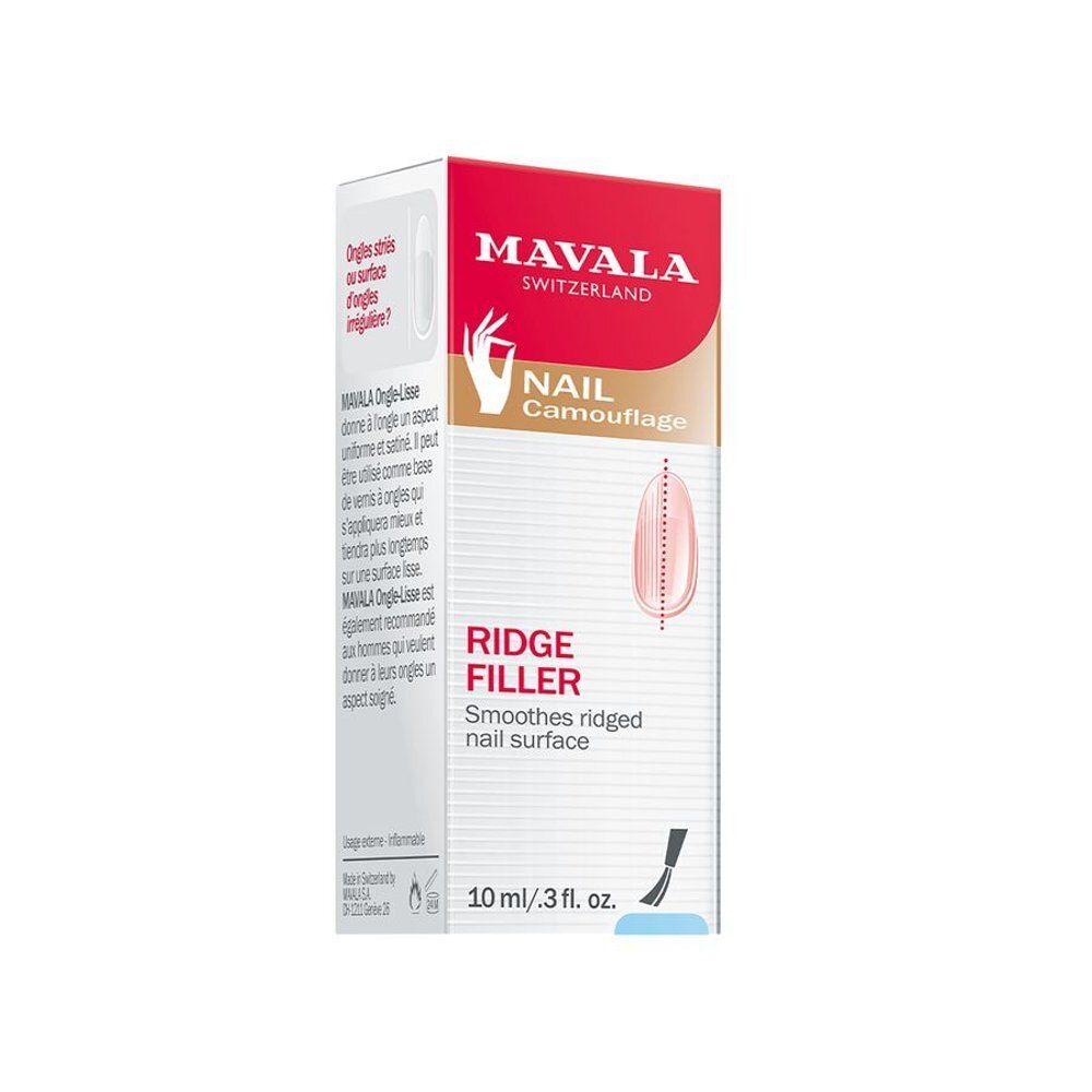 Mavala Ongle-Lisse. Emballage avec informations et logo. Nom du produit et description. Symbole de pinceau.