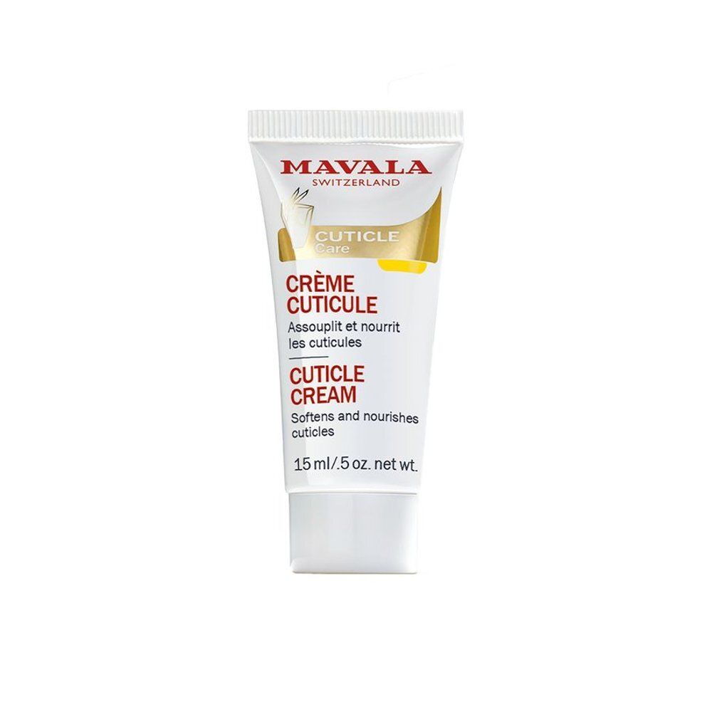 Tube de Crème Cuticule Mavala. Tube blanc avec texte rouge et doré. Contient 15 ml. Inscription: Crème Cuticule, Cuticle Cream.
