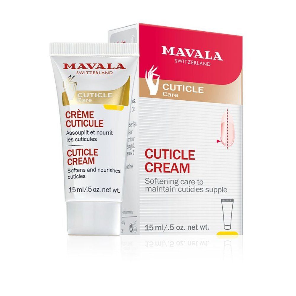 Tube et emballage de Crème Cuticule Mavala. Tube et boîte blancs avec texte rouge et doré. Contient 15 ml. Inscription: Crème Cuticule, Cuticle Cream.