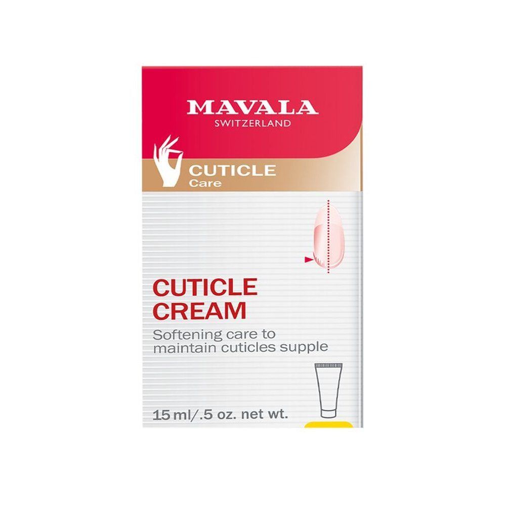 Mavala Cuticle Cream verpakking. Rode en witte verpakking met gouden tekst. Bevat 15 ml. Tekst: Crème Cuticule, Cuticle Cream.