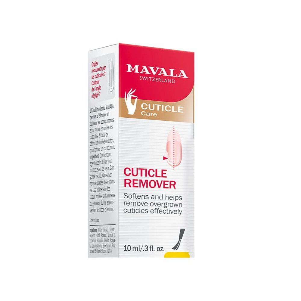 Kartonnen verpakking met rode bovenkant. Tekst en logo. Opschrift: CUTICLE REMOVER. Bevat een afbeelding van een nagel.