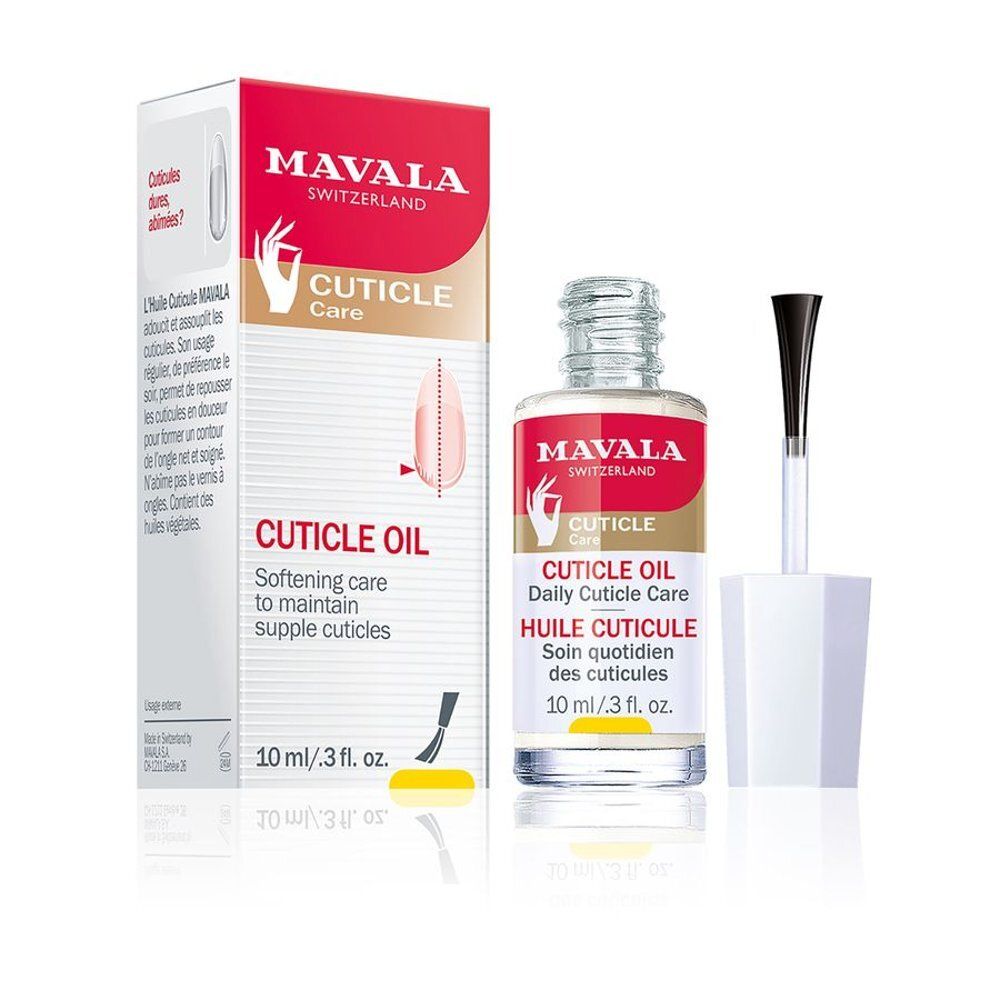 Emballage produit avec flacon et applicateur. Flacon avec huile, étiquette rouge. Applicateur avec manche blanc et pinceau noir.