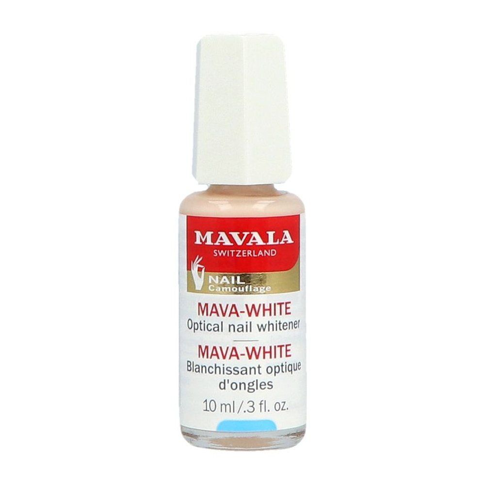 Flacon de vernis à ongles avec bouchon blanc. Inscription: MAVA-WHITE, blanchisseur optique pour ongles. 10 ml.