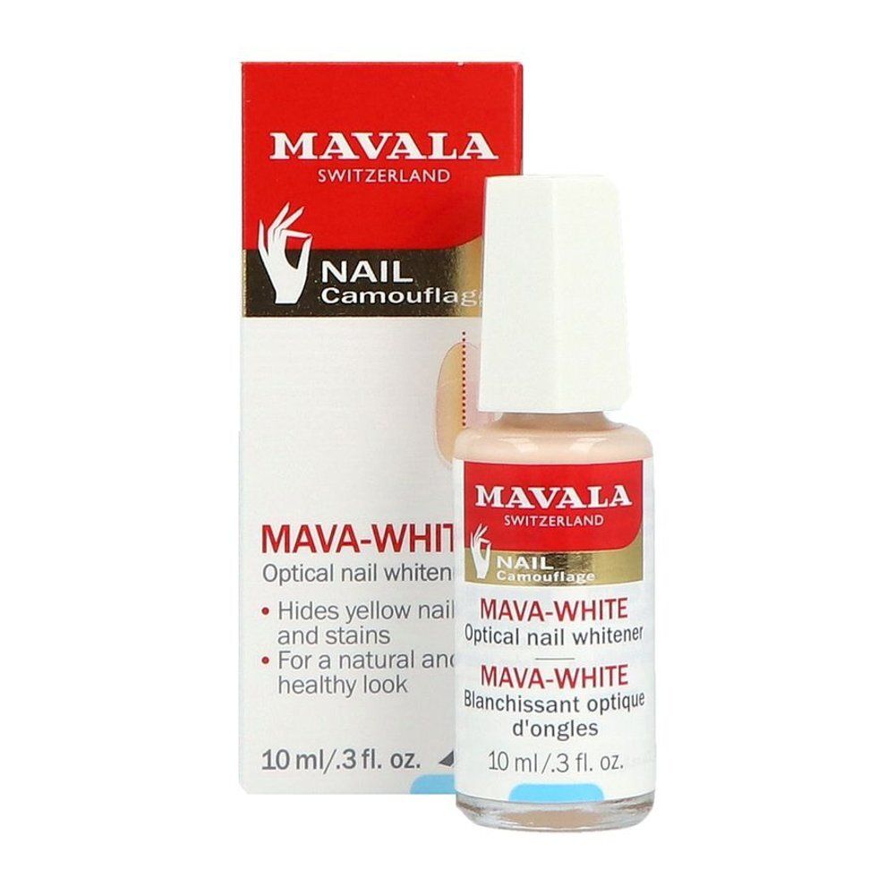 Nagellakfles en verpakking. Opschrift: MAVA-WHITE, optische nagelverhelderaar. Verbergt gele nagels. 10 ml.