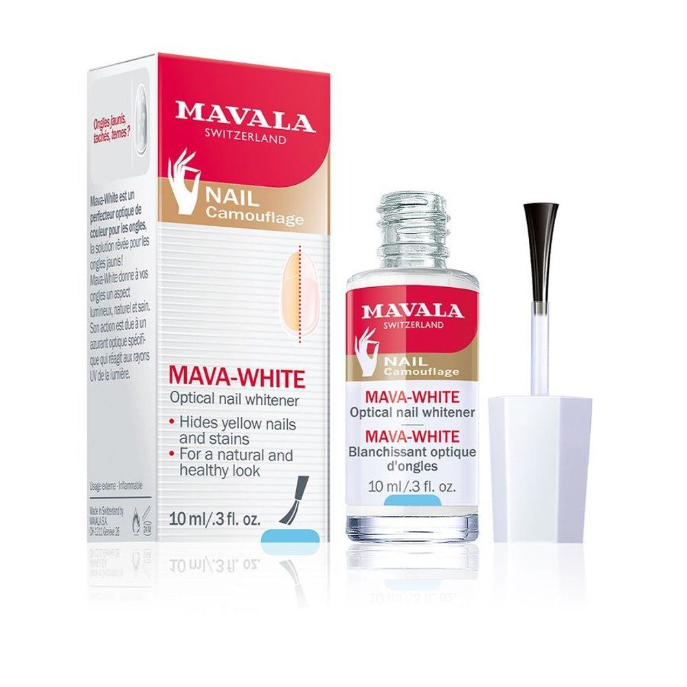 Nagellakfles, borstel en verpakking. Opschrift: MAVA-WHITE, optische nagelverhelderaar. 10 ml.