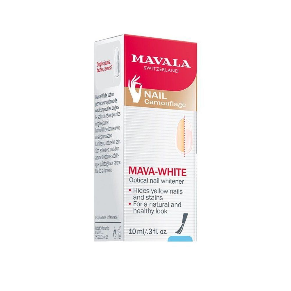 Verpakking met opschrift: MAVA-WHITE, optische nagelverhelderaar. Verbergt gele nagels. 10 ml.