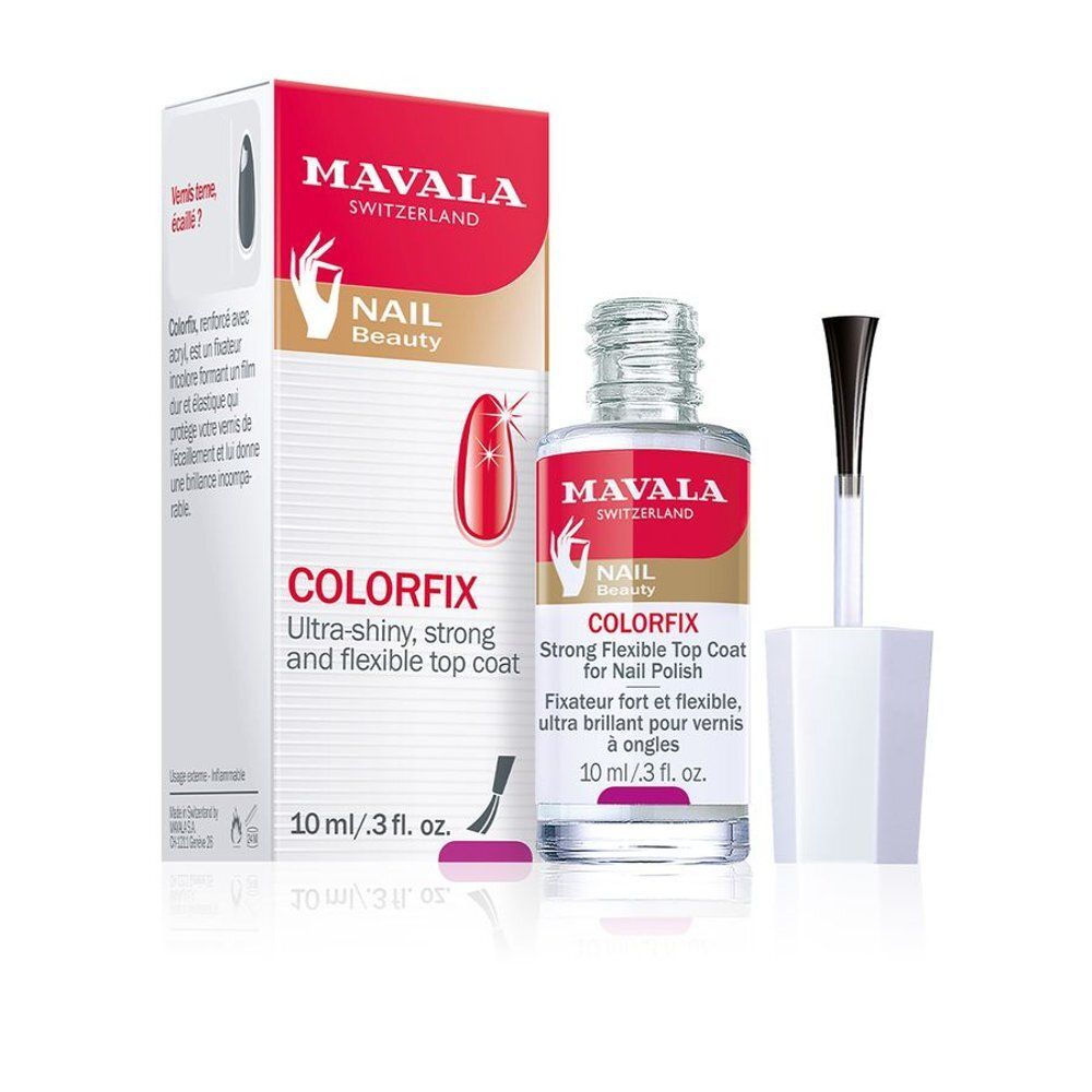 Flacon de vernis à ongles et emballage. Flacon avec étiquette rouge. Pinceau à côté. Inscription: COLORFIX, 10 ml.