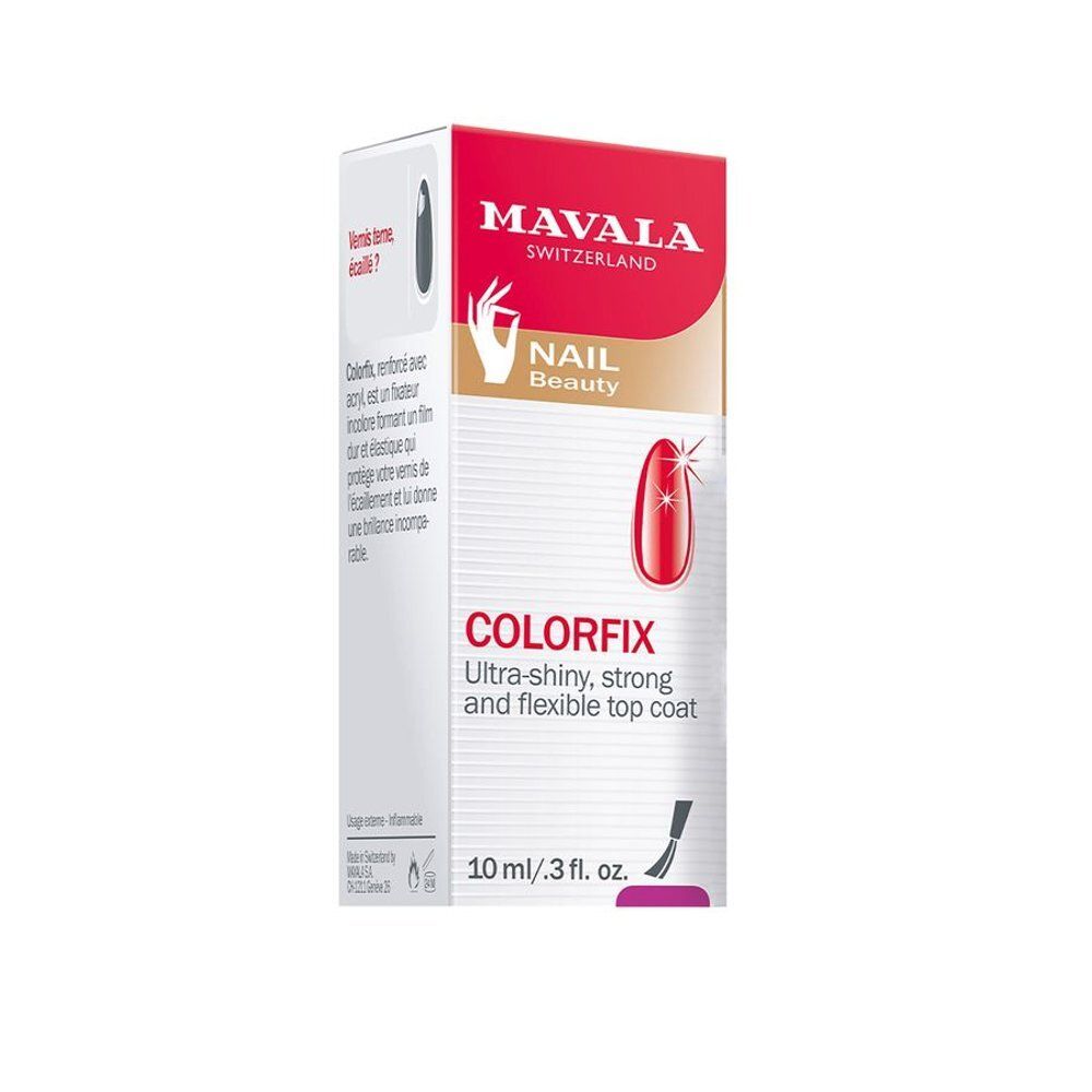 Emballage avec étiquette rouge. Inscription: COLORFIX, pour vernis à ongles. 10 ml. Illustration de pinceau.