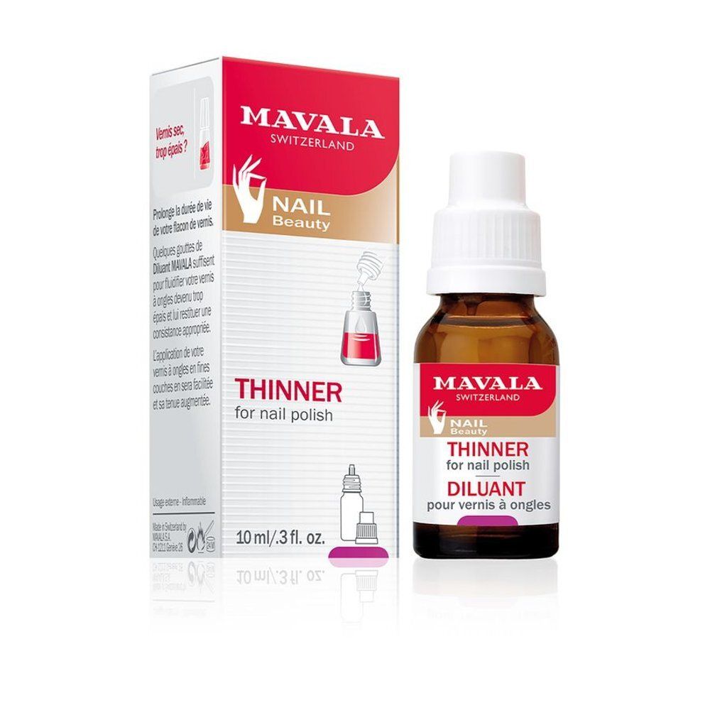 Flacon de produit à côté de l'emballage. Flacon: verre brun, bouchon blanc, étiquette rouge. Emballage: blanc, rouge, Mavala, Thinner.