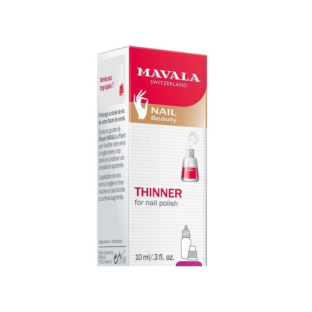 Emballage avec design rouge et blanc. Texte: Mavala, Thinner for nail polish, 10 ml/3 fl. oz. Illustration: flacon et compte-gouttes.