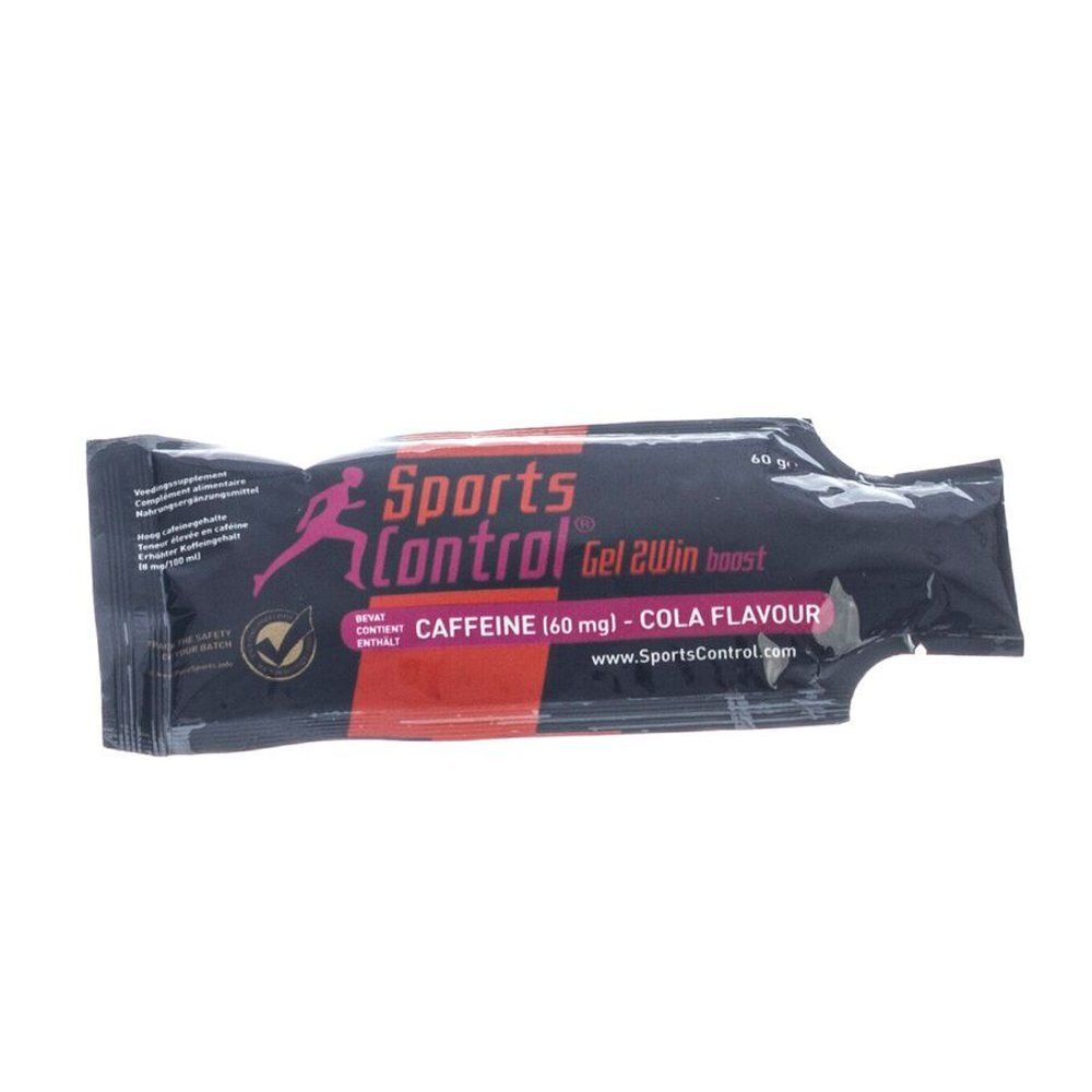 Sachet de gel avec impression. Contient de la caféine et un arôme cola. Marque SportsControl. Emballage noir et rouge.