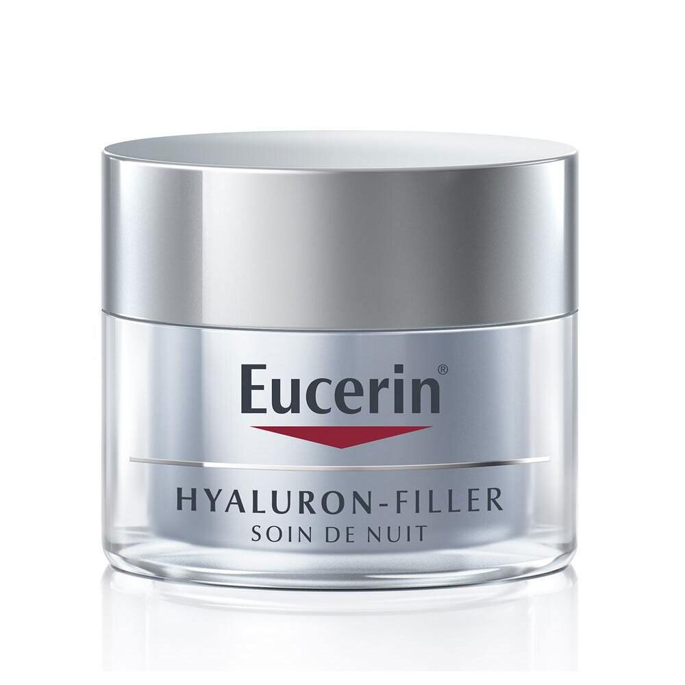 Pot de crème avec couvercle argenté. Logo Eucerin et texte HYALURON-FILLER. Soin de nuit.