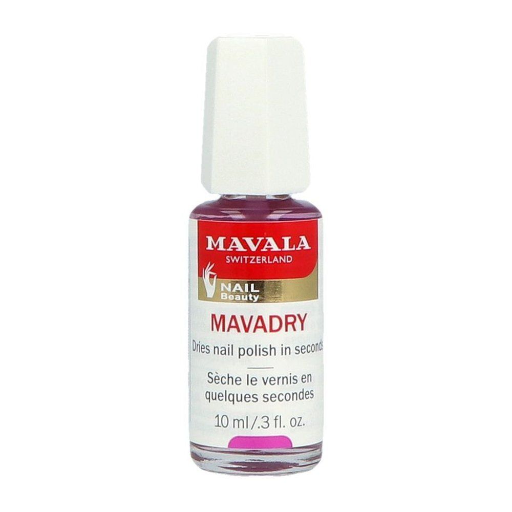 Mavala Mavadry, sèche-vernis. Flacon avec bouchon blanc, étiquette rouge. Texte: MAVALA, NAIL BEAUTY, MAVADRY, 10 ml/3 fl. oz.