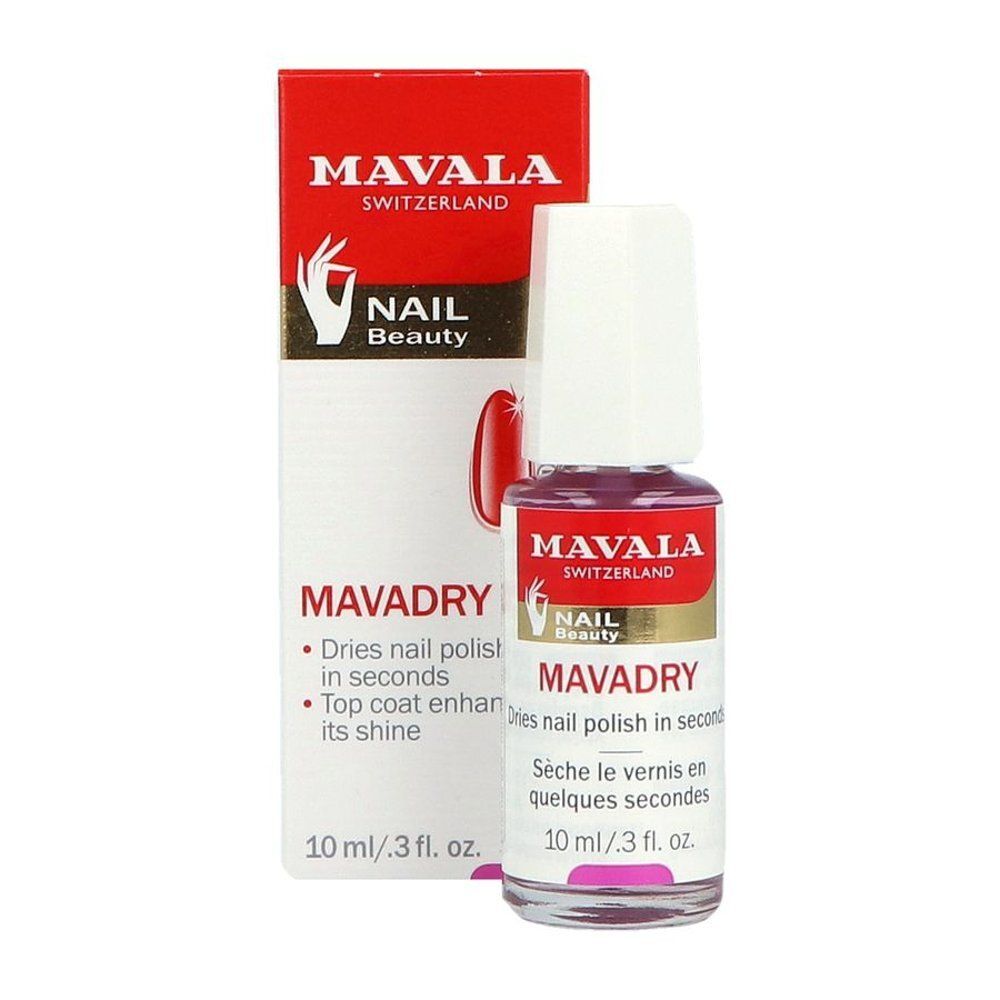 Mavala Mavadry nagellakdroger en verpakking. Rode doos met fles. Tekst: MAVALA, NAIL BEAUTY, MAVADRY, 10 ml/3 fl. oz.