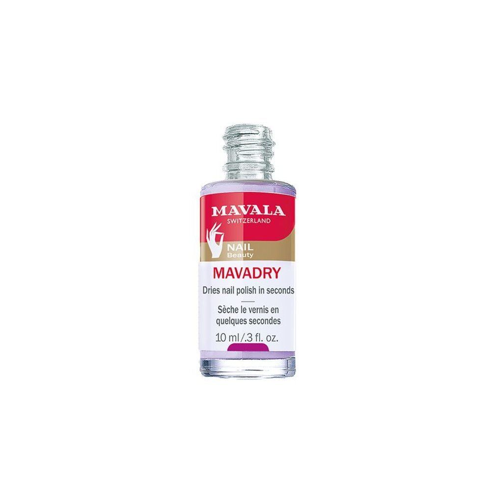 Mavala Mavadry nagellakdroger. Transparante fles met rood en goudkleurig etiket. Tekst: MAVALA, NAIL BEAUTY, MAVADRY, 10 ml/ .3 fl. oz.