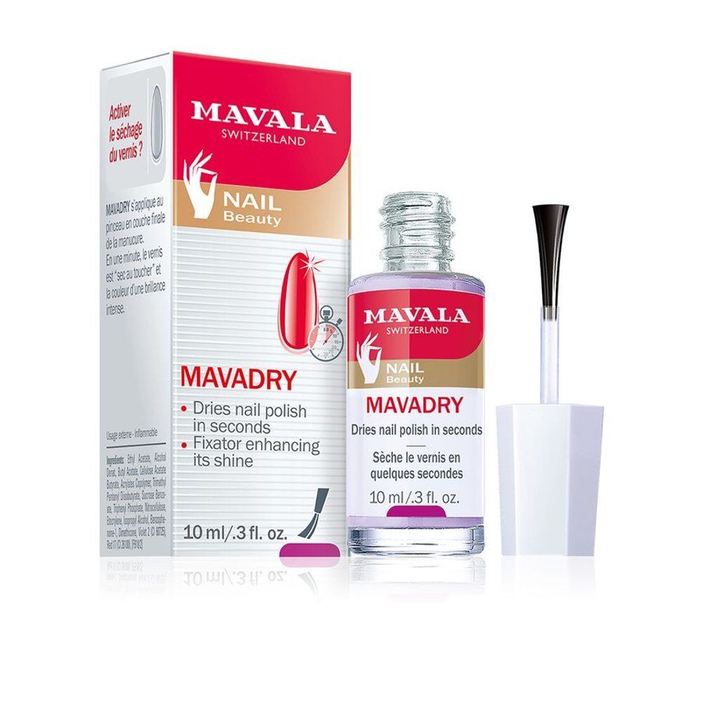 Mavala Mavadry nagellakdroger met verpakking en penseel. Rode doos, fles, penseel. Tekst: MAVALA, NAIL BEAUTY, MAVADRY, 10 ml/3 fl. oz.