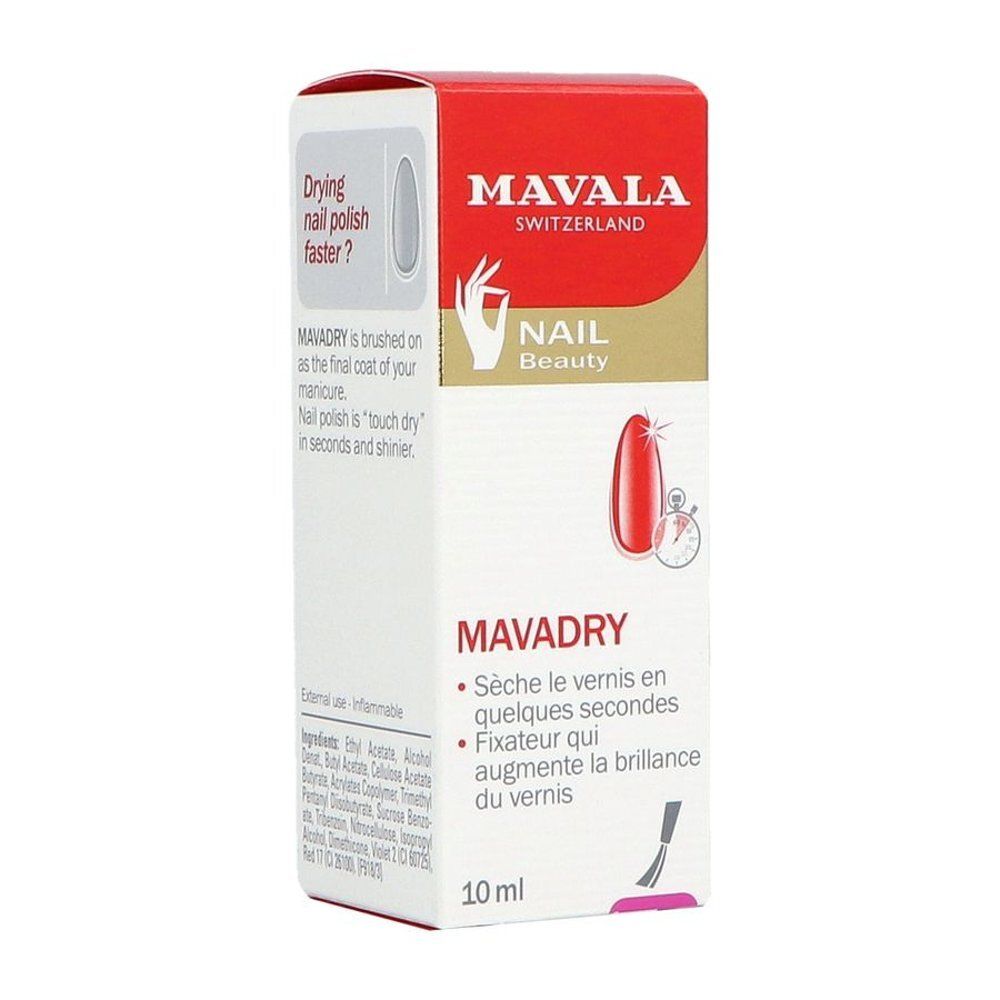 Mavala Mavadry verpakking. Rode doos. Tekst: MAVALA, NAIL BEAUTY, MAVADRY, 10 ml.