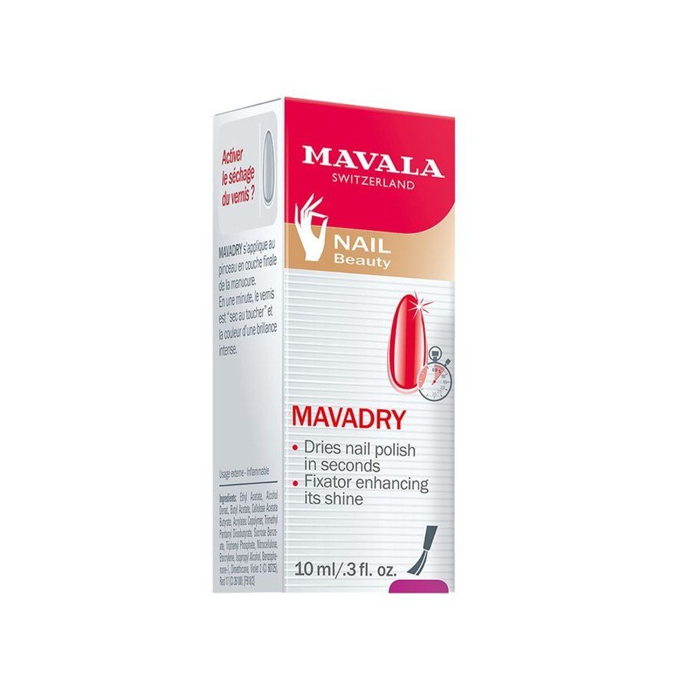 Mavala Mavadry verpakking. Rode doos. Tekst: MAVALA, NAIL BEAUTY, MAVADRY, 10 ml/3 fl. oz.