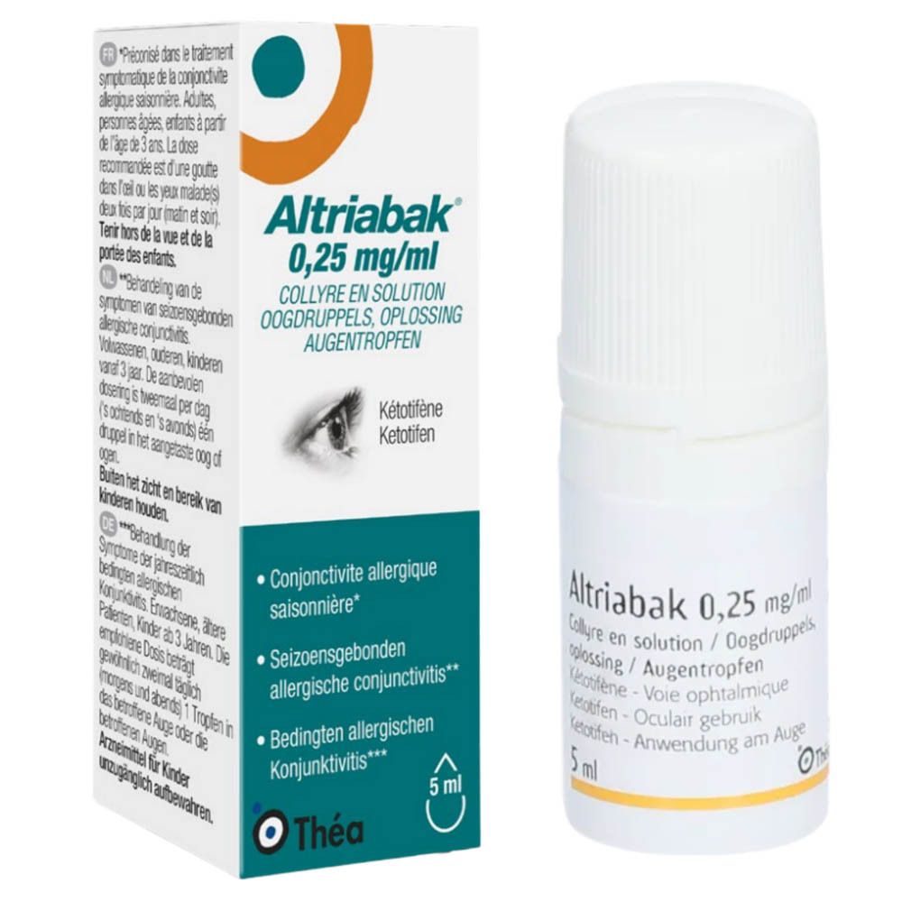 Product en verpakking. Witte flacon en doos. Opschrift: Altriabak 0,25 mg/ml, 5 ml.