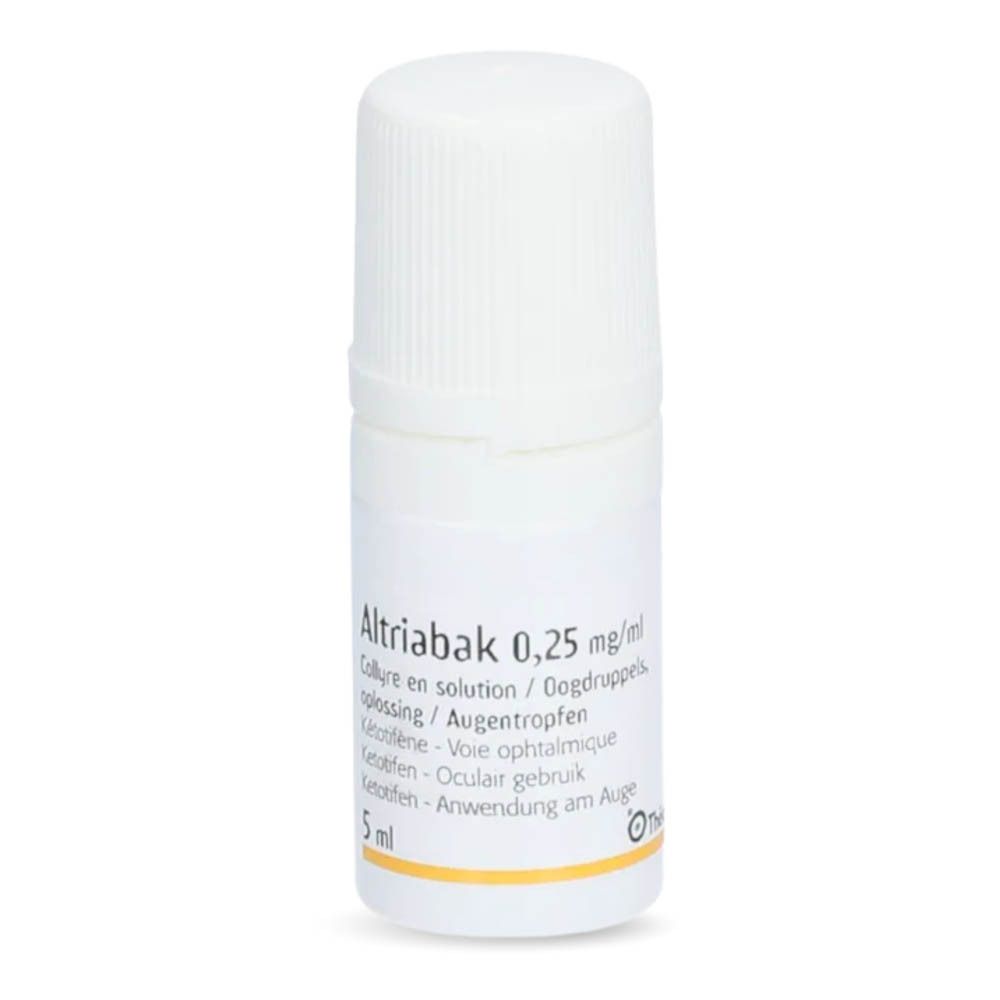 Produit et emballage. Flacon blanc et boîte. Inscription : Altriabak 0,25 mg/ml, 5 ml.