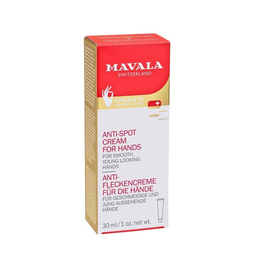 Boîte rouge et dorée Mavala. Crème anti-taches pour les mains. 30 ml. Inscriptions multilingues.